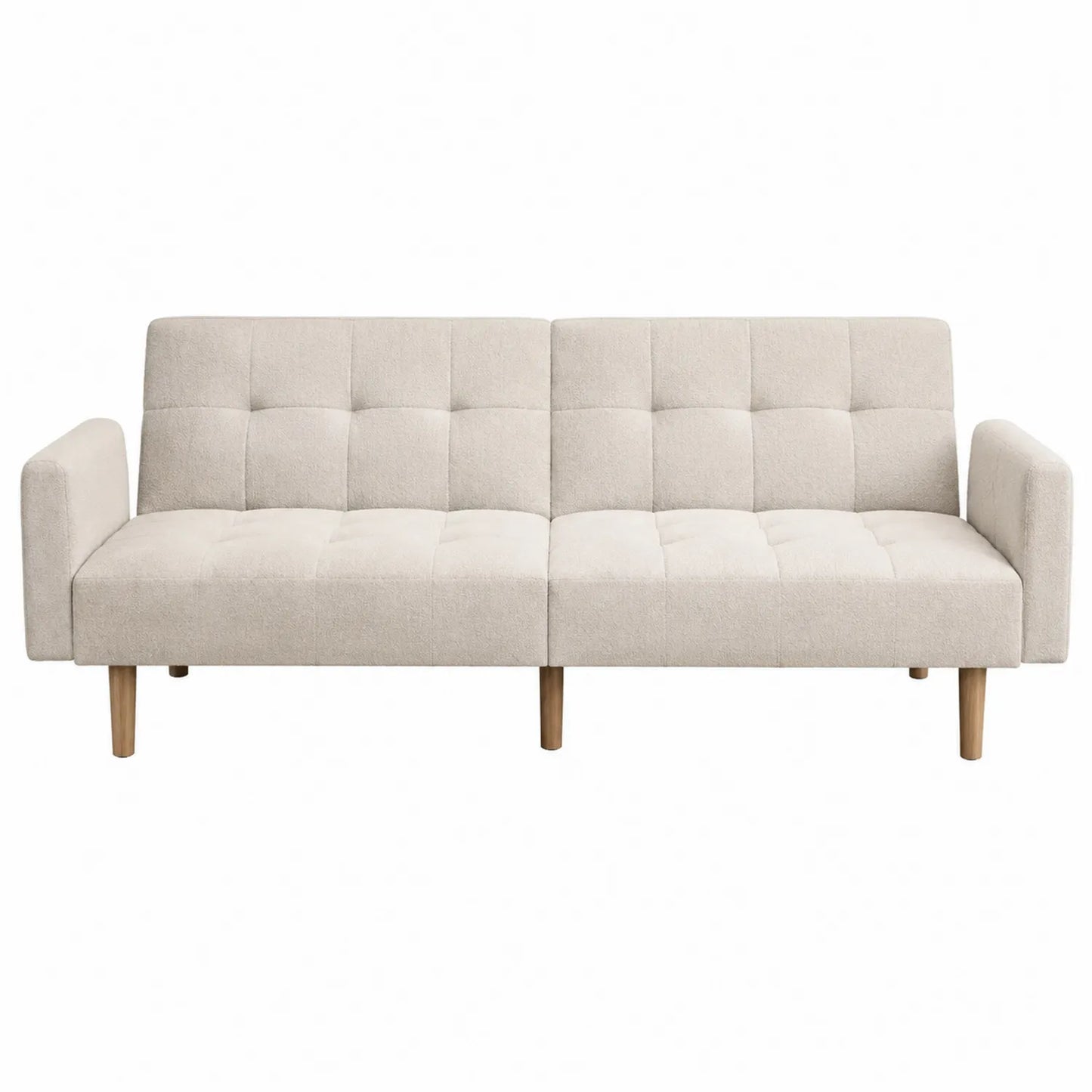 Divano letto in tessuto beige con gambe in legno