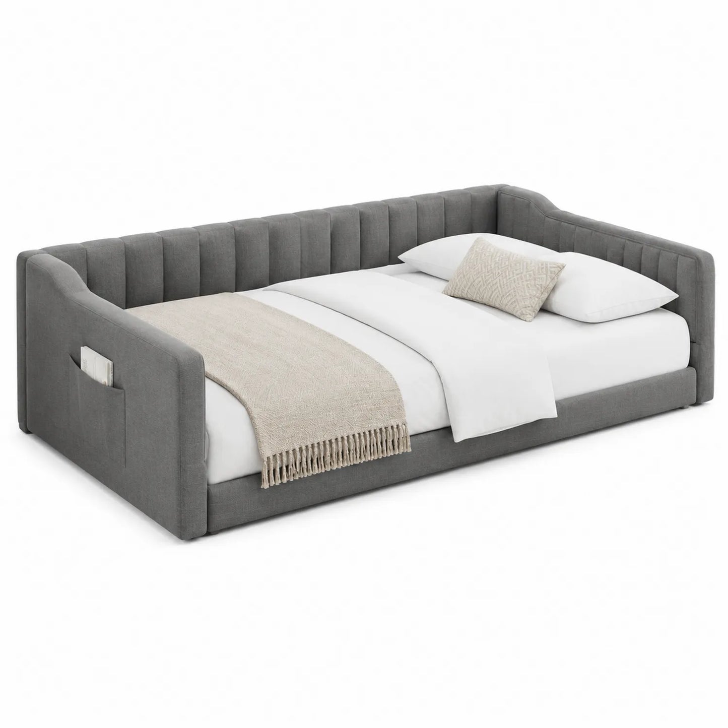 Letto imbottito in tessuto grigio con tasche laterali