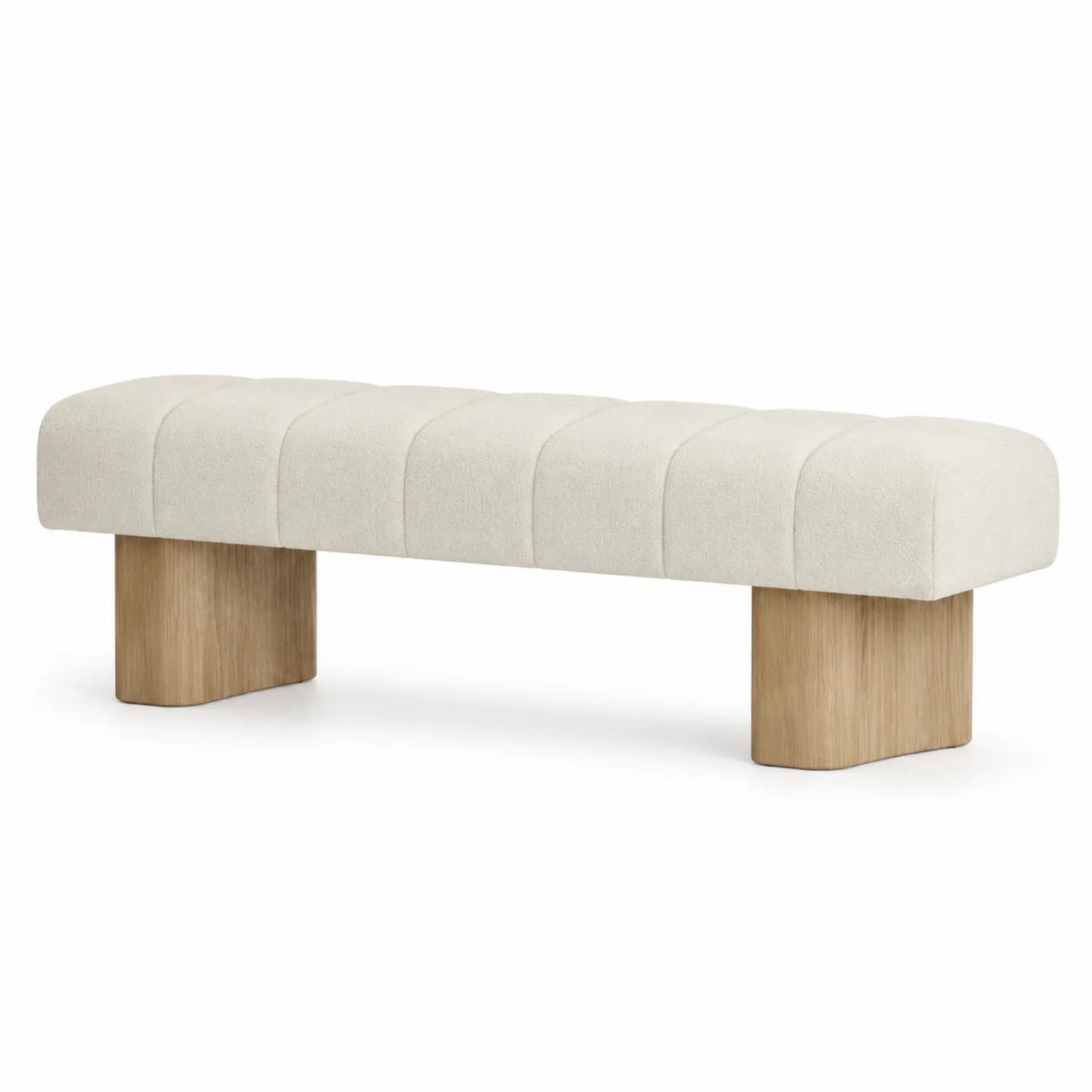 Panca imbottita in tessuto beige con gambe in legno