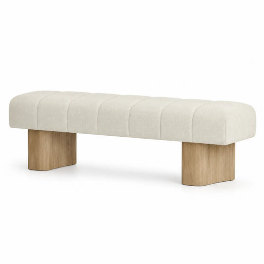 Panca imbottita in tessuto beige con gambe in legno
