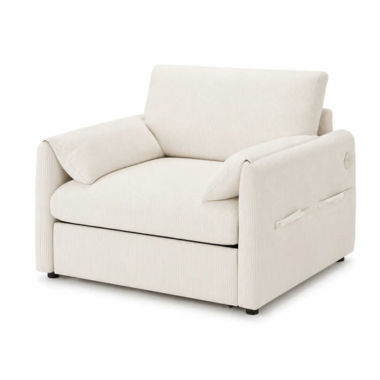 Poltrona letto velluto a coste beige con braccioli imbottiti