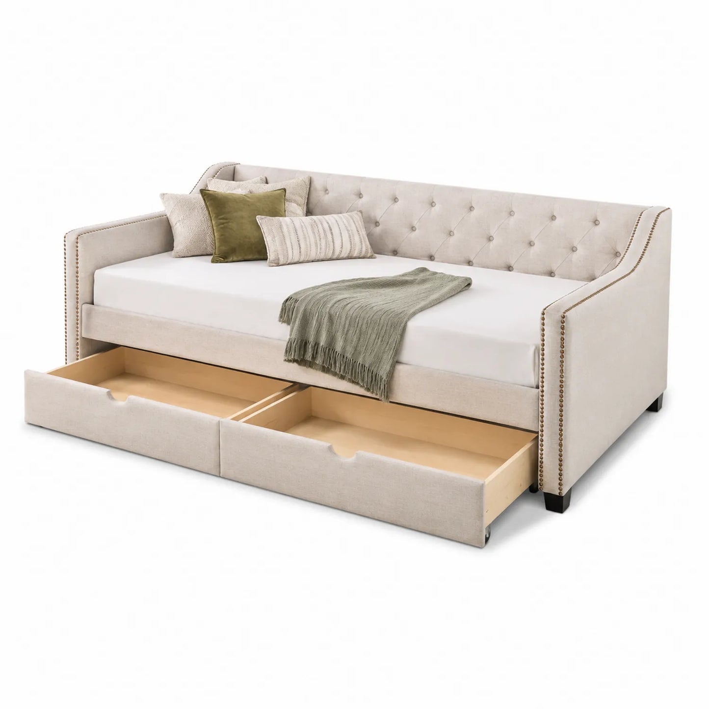 Letto imbottito con cassetti in tessuto poliestere beige
