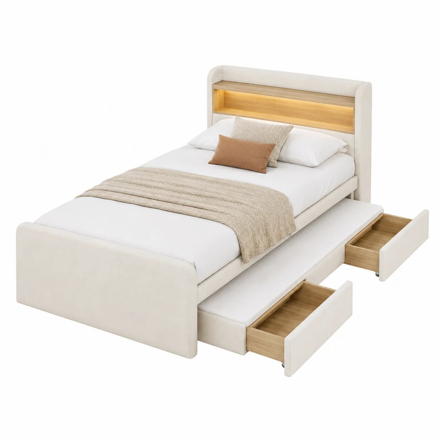 Letto contenitore in tessuto crema con testiera e cassetti in legno