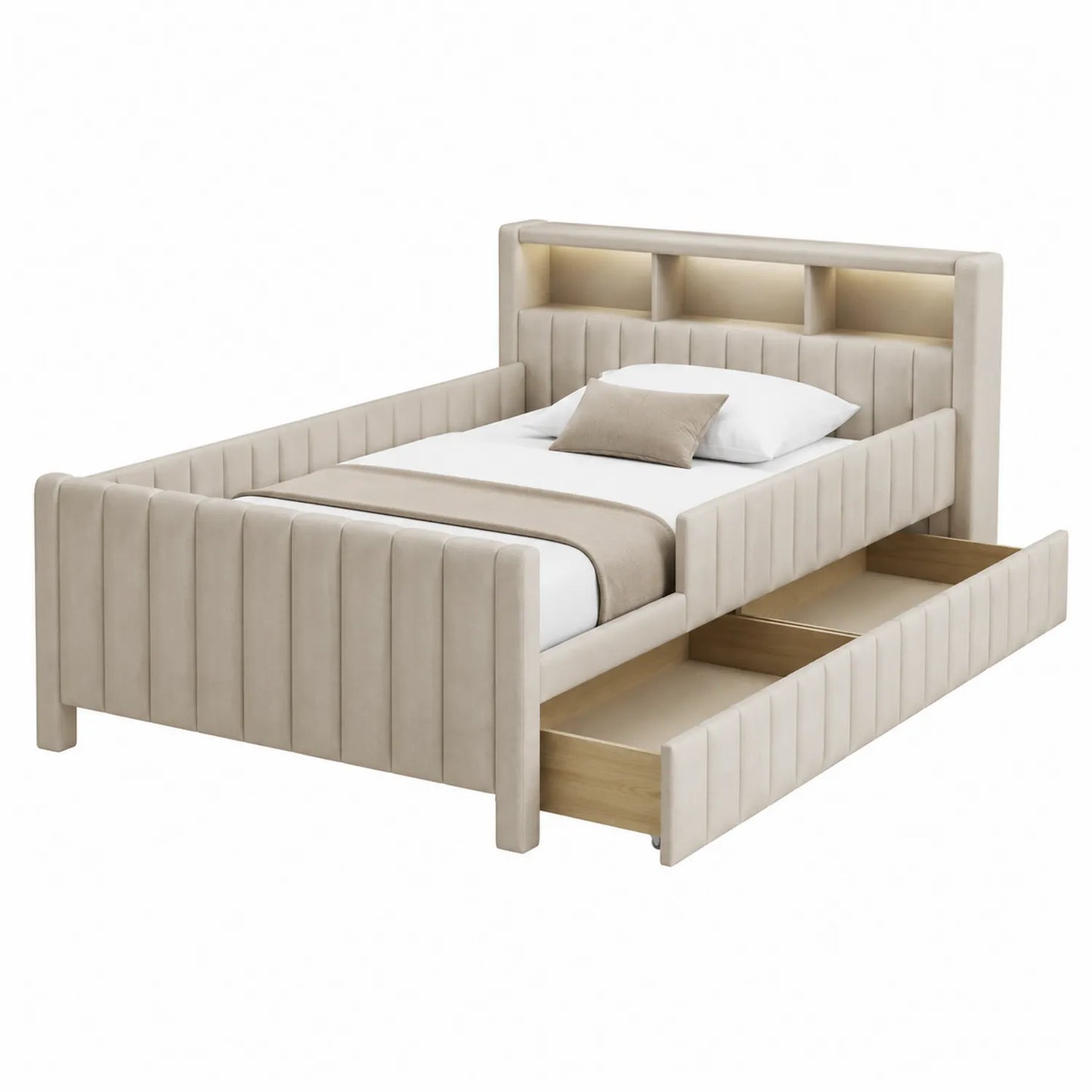 Letto in Velluto Beige con Cassetti e Struttura in Legno