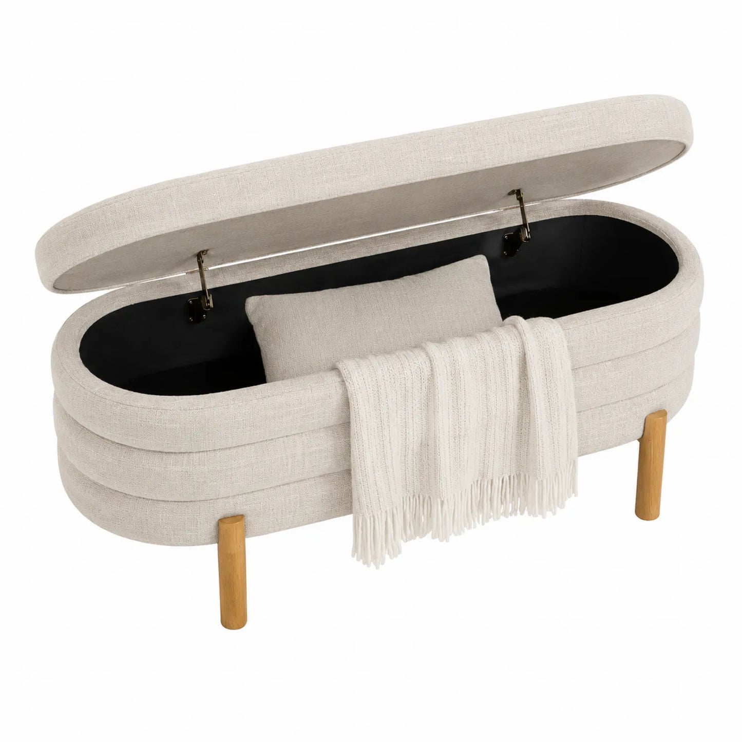 Panca contenitore in tessuto beige e gambe in legno
