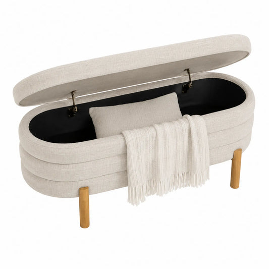 Panca contenitore in tessuto beige e gambe in legno