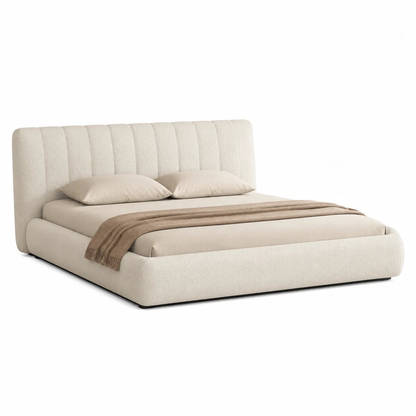 Letto matrimoniale imbottito in tessuto beige 200x160x90 cm