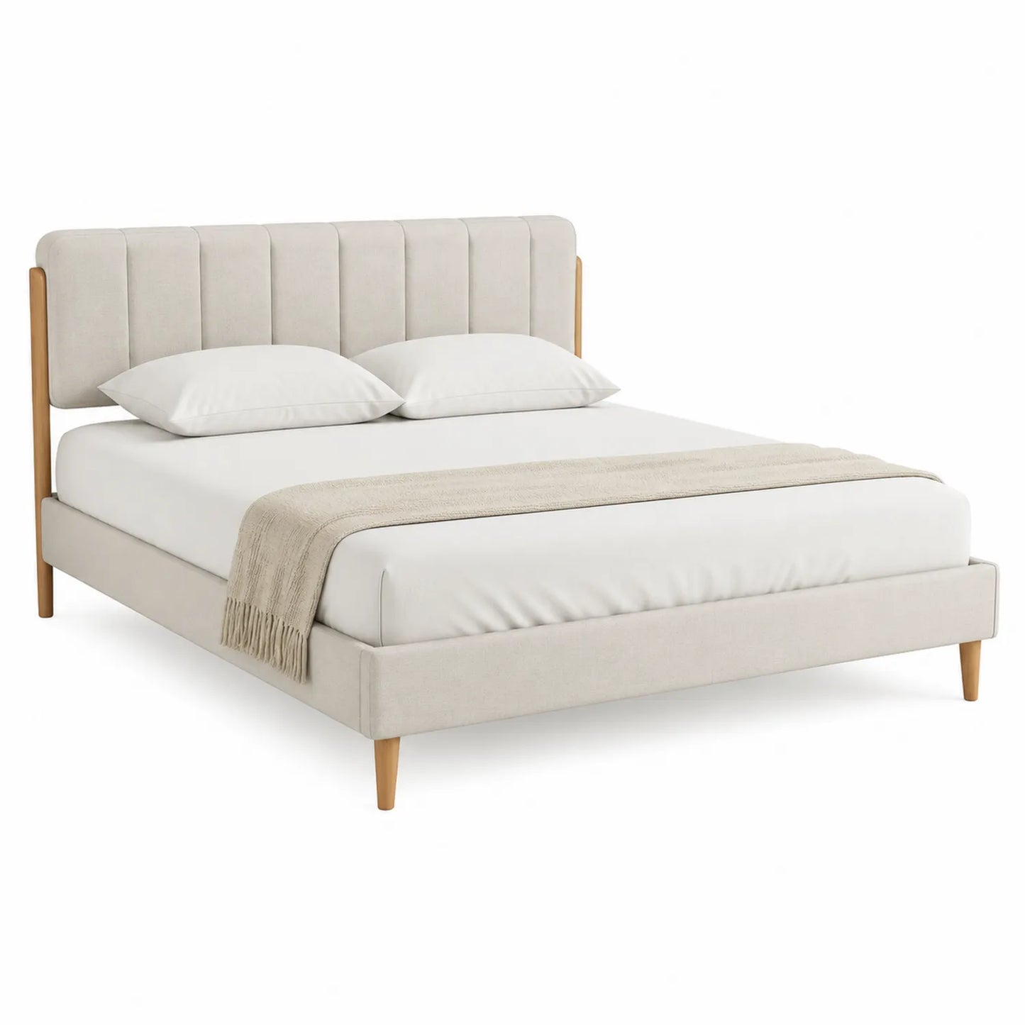 Letto matrimoniale in tessuto beige con testiera imbottita e gambe in legno