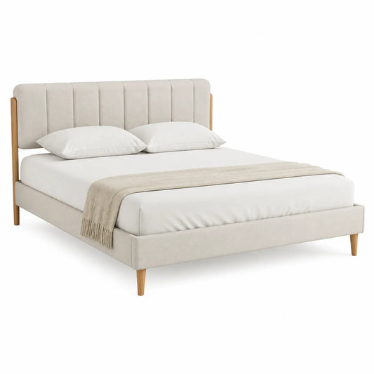 Letto matrimoniale in tessuto beige con testiera imbottita e gambe in legno