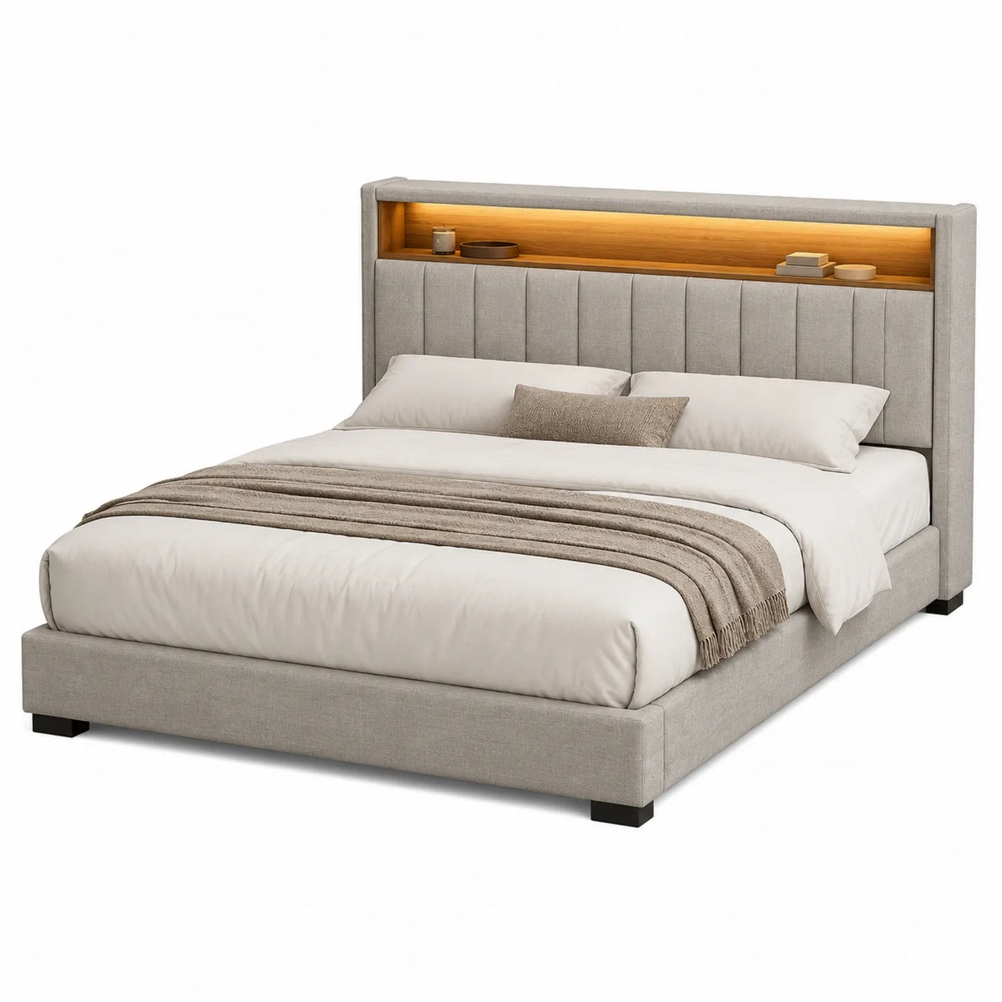 Letto matrimoniale con testiera imbottita e illuminazione, tessuto grigio, 200x160 cm