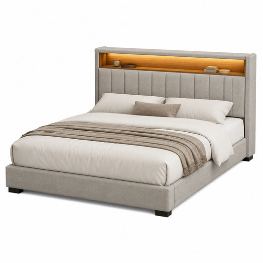 Letto matrimoniale con testiera imbottita e illuminazione, tessuto grigio, 200x160 cm